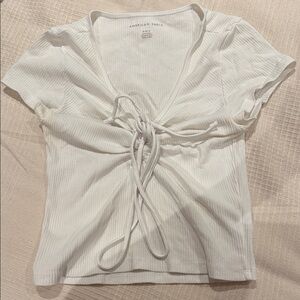 American Eagle Outfitters Cream Ribbed Tie-Front Tee